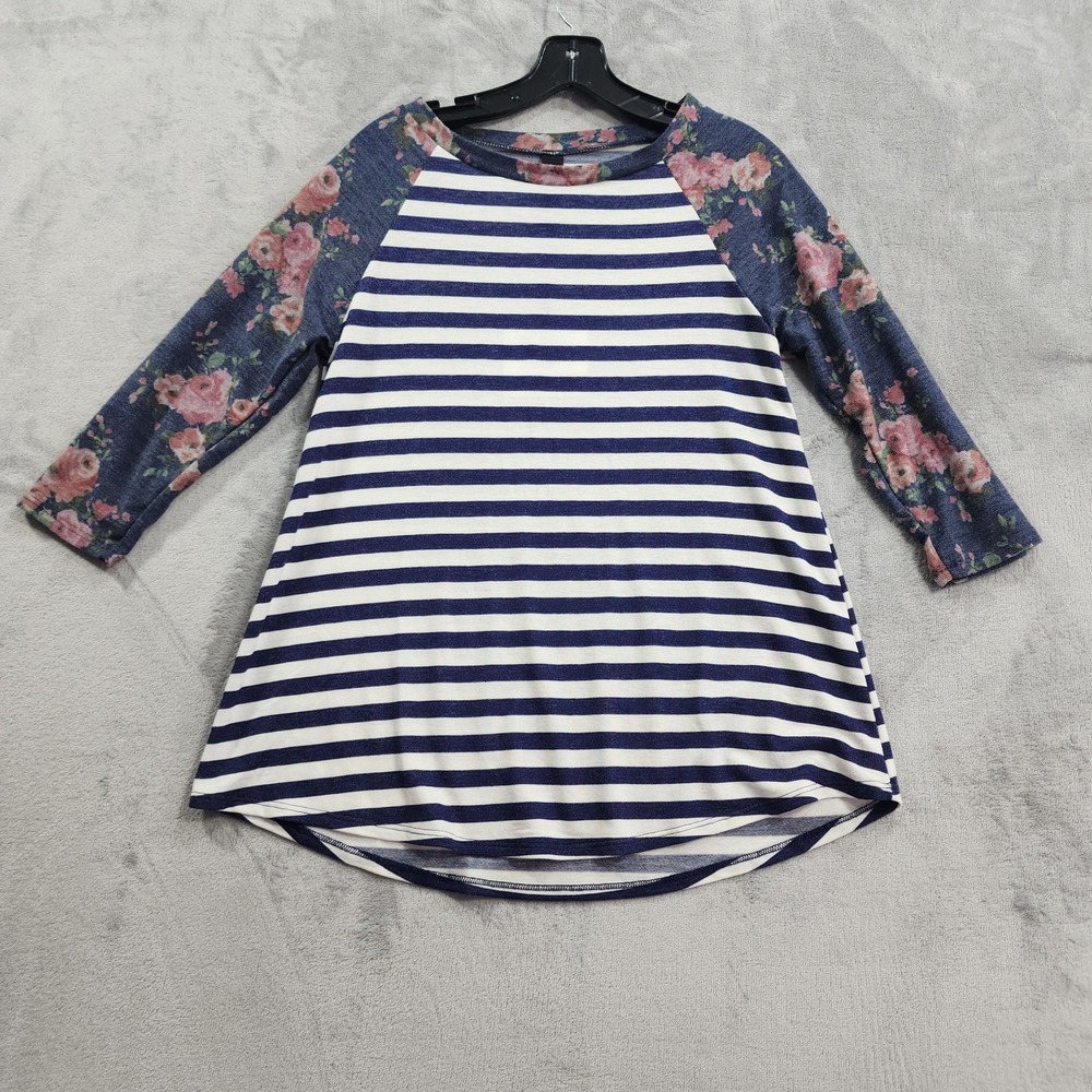 NEW Agnes & Dora Shirt Womens S Blue Stripe Floral Raglan 3/4 Sleeve‎ Tee Casual